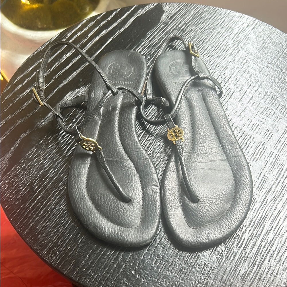 Tory Burch Black Leather Thong Sandals with Gold Charm